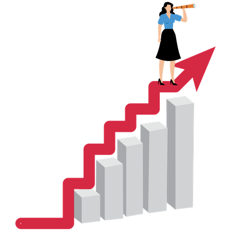 Woman looks through binoculars at top of graph  Illustration