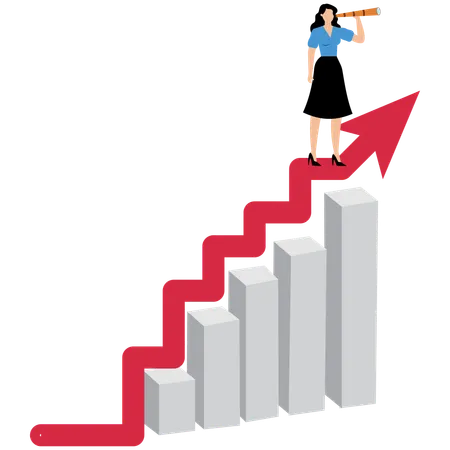 Woman looks through binoculars at top of graph  Illustration