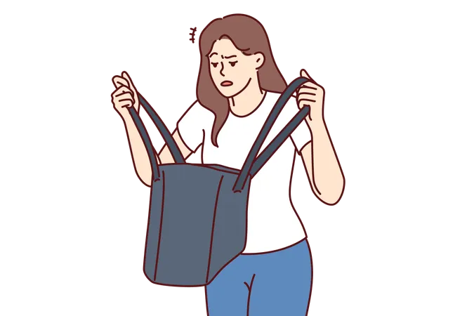 Woman Is Nervous Looking Into Purse And Seeks Lost Keys Or Purse Forgotten At Home Confused Girl Stands With Bag In Hands And Is Disappointed After Learning About Theft Of Wallet With Money Illustration
