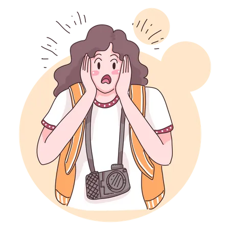 Traveler Teenage Female With Camera She Feeling Excited In Cartoon Character Flat Vector Illustration Illustration