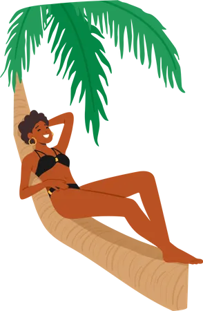 Woman Lounges On Palm Tree Enjoying Tropical Scenery She Basks In The Suns Warmth Listening To The Sound Of The Ocean Isolated Black Female Character Relax Cartoon People Vector Illustration Illustration