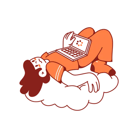 Woman lounging on the cloud while her laptop downloads  Illustration