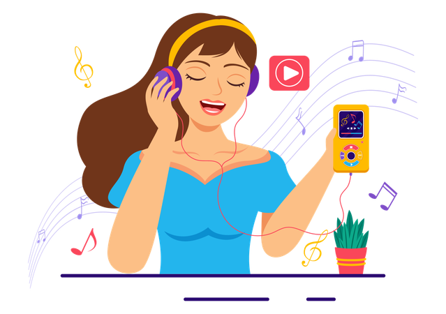 Woman loves to hear songs on mp3 player  イラスト