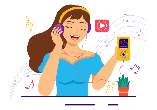 Woman loves to hear songs on mp3 player  Illustration