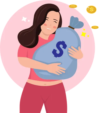 Woman lovingly hugs large wallet  Illustration