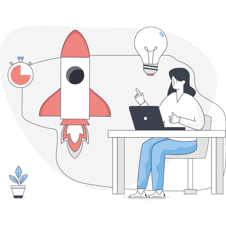 Woman lunching startup rocket  Illustration