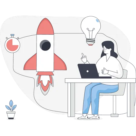 Woman lunching startup rocket  Illustration