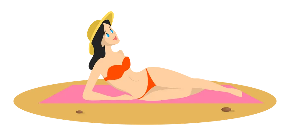 Woman In Bikini Lying On The Beach Summer Holiday And Vacation On The Sea Beautiful Body Girl Sunbathing Vector Illustration In Cartoon Style Illustration