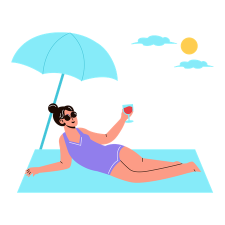Woman Lying At Beach  Illustration