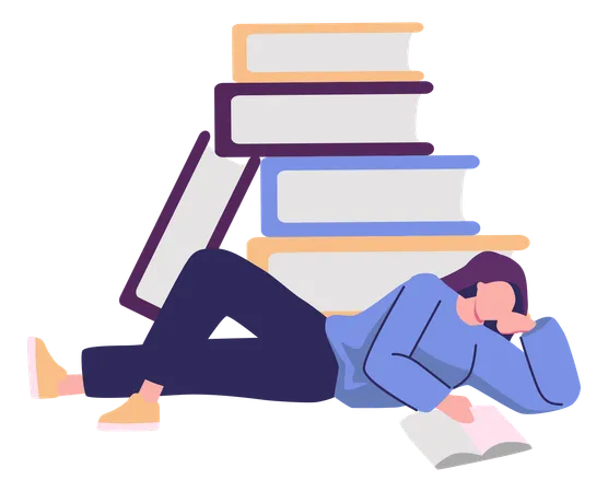 Woman Lying Down And Read Books  Illustration