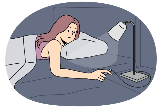 Woman lying in bed turn off lights  Illustration