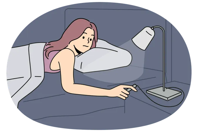 Woman lying in bed turn off lights Illustration