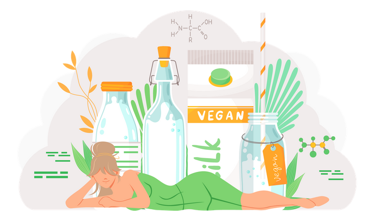 Woman lying near bottles with vegan drink  Illustration