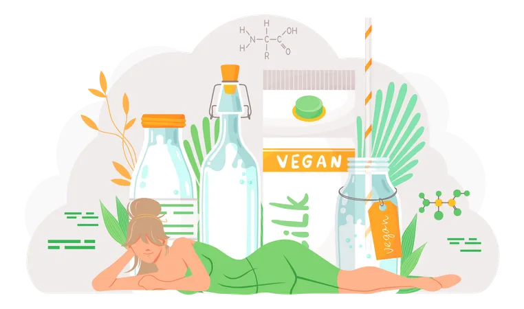 Woman lying near bottles with vegan drink  Illustration