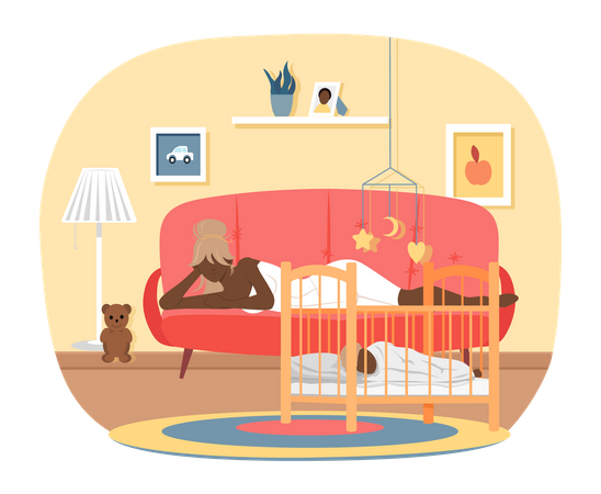 Woman lying near cradle with child  Illustration