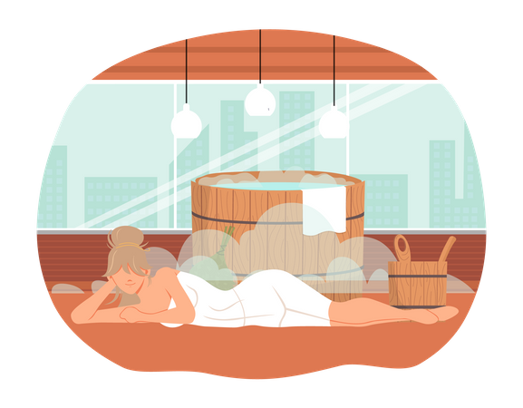 Woman lying near tub with hot water  Illustration