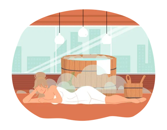 Woman lying near tub with hot water  Illustration