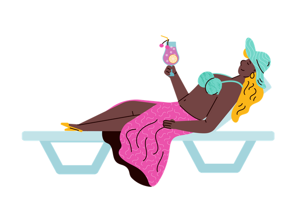 Woman lying on beach lounger and drinking cocktail  Illustration