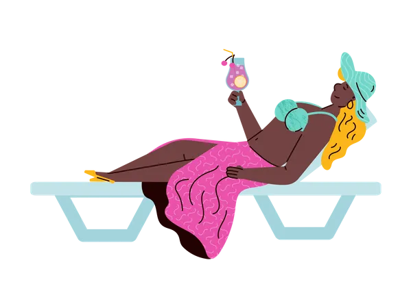 Woman lying on beach lounger and drinking cocktail  Illustration