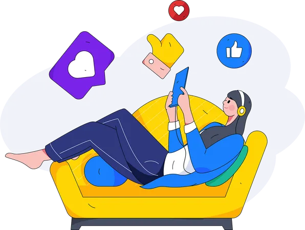 Woman lying on couch and using social media  Illustration