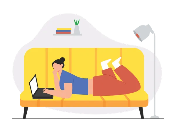 Woman lying on couch and working on laptop  Illustration