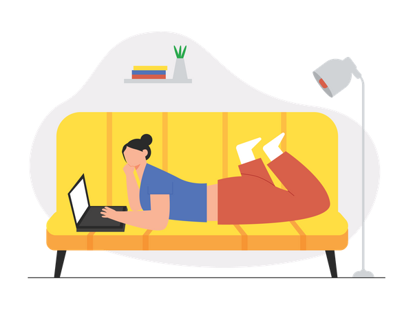 Woman lying on couch and working on laptop  Illustration