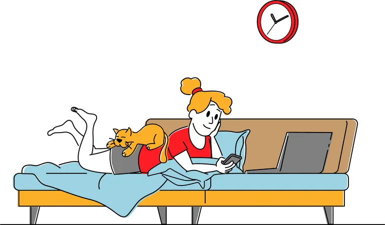 Woman Lying on Couch at Home with Smartphone and Laptop with Cat Sleep on her Back  Illustration