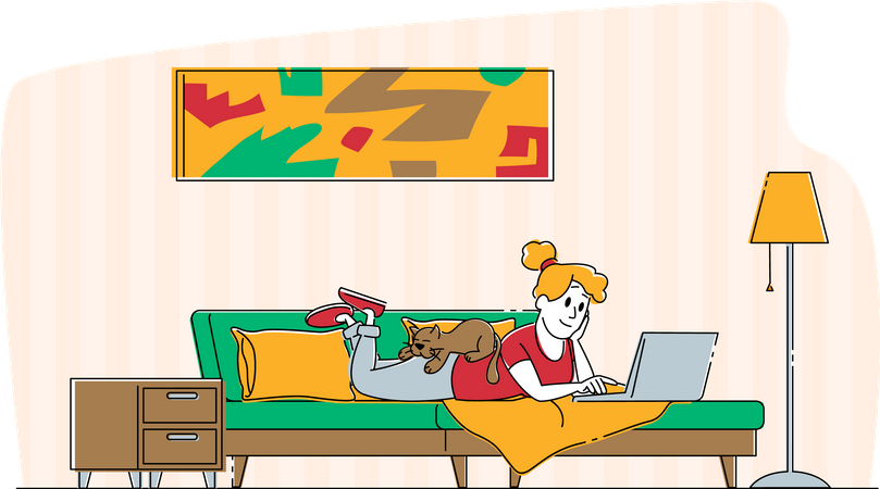 Woman Lying on Couch at Home Working on Laptop  Illustration