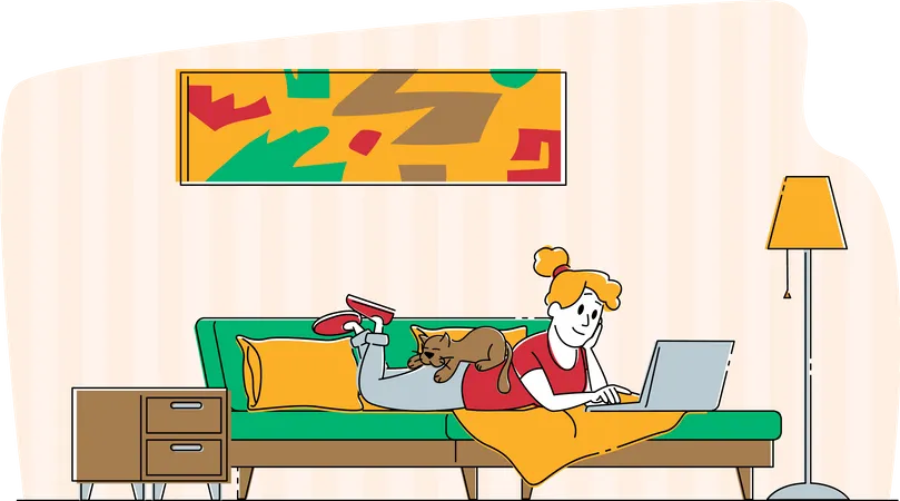 Woman Lying on Couch at Home Working on Laptop Illustration