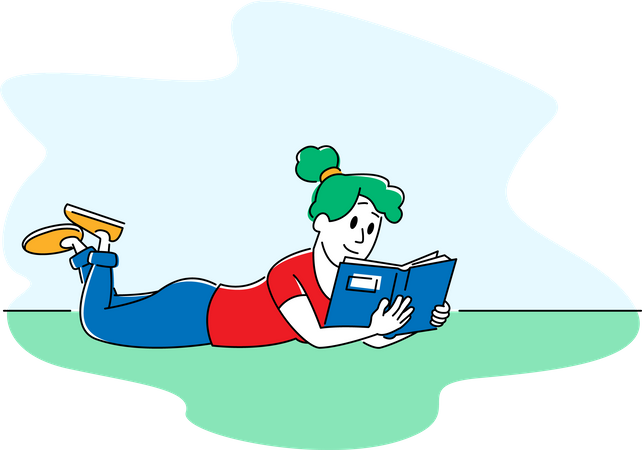 Woman Lying on Grass Read Book Illustration