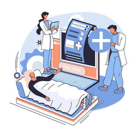 Woman lying on hospital bed using online consultation  Illustration