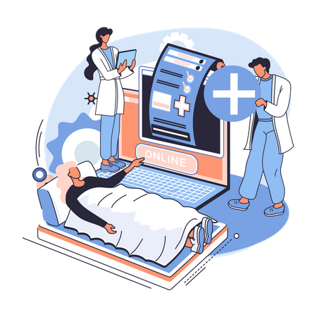 Woman lying on hospital bed using online consultation  Illustration