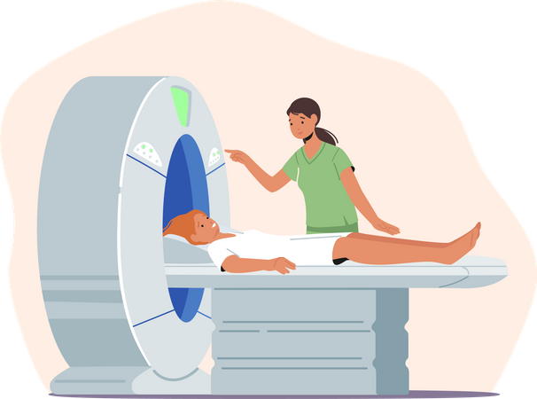 Woman lying on mri scan machine Illustration