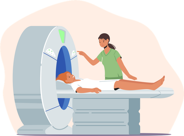 Woman lying on mri scan machine  Illustration