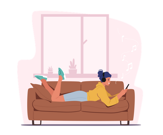 Woman Lying On Sofa And Listening To Music  Illustration