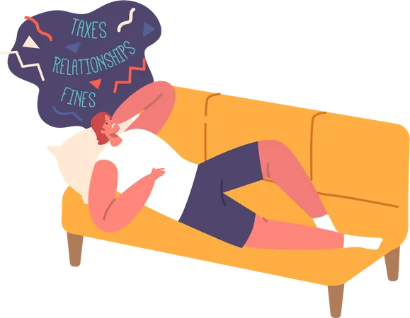 Woman lying on sofa ponders her troubles  Illustration