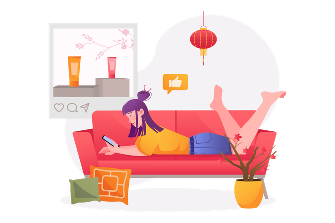 Woman lying on sofa with mobile  Illustration