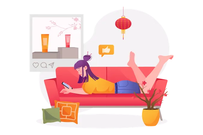 Woman lying on sofa with mobile  Illustration