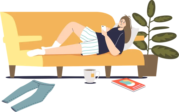 Woman lying with smartphone on couch in messy living room during weekend relaxing  Illustration