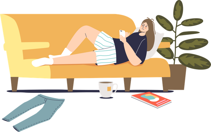 Woman lying with smartphone on couch in messy living room during weekend relaxing  Illustration