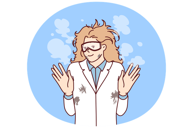 Woman mad scientist with tousled hair after failed experiment with chemical reagents  Illustration