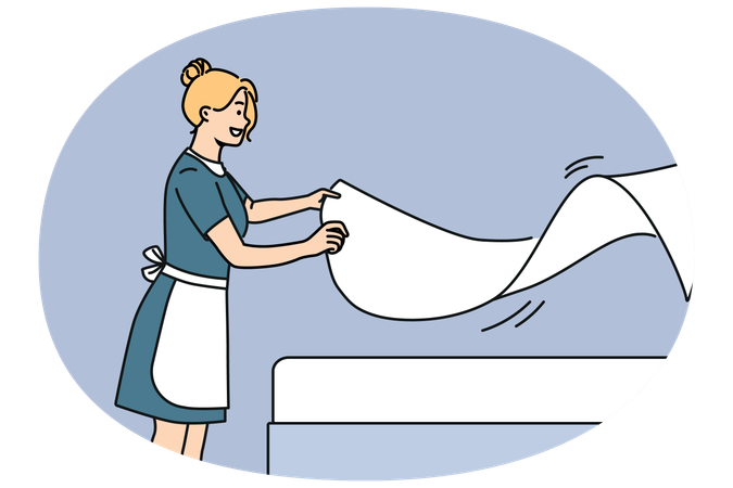 Woman maid makes bed with sheets while preparing hotel room for arrival of new guests  Illustration