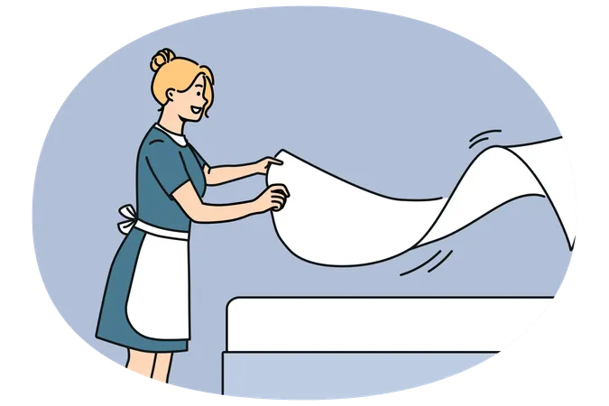 Woman maid makes bed with sheets while preparing hotel room for arrival of new guests  Illustration