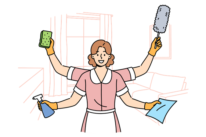 Woman maid ready to clean apartment and working in multitasking  イラスト