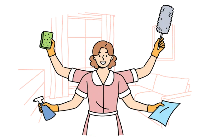 Woman maid ready to clean apartment and working in multitasking  Illustration