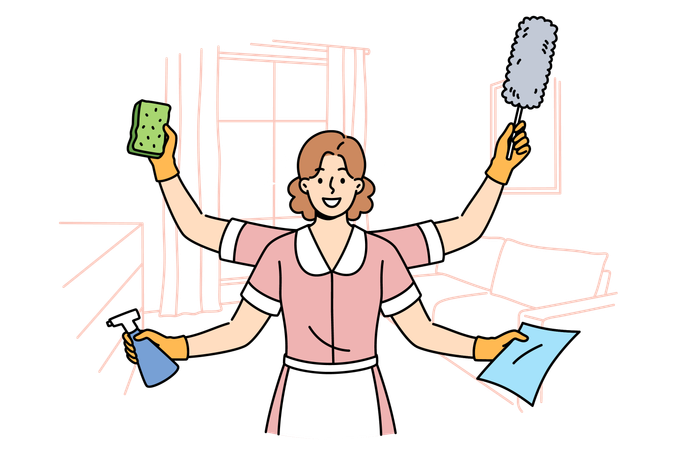 Woman maid ready to clean apartment and working in multitasking  일러스트레이션