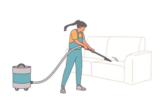 Woman maid uses vacuum cleaner to clean sofa from dust and disinfect upholstered furniture  Illustration