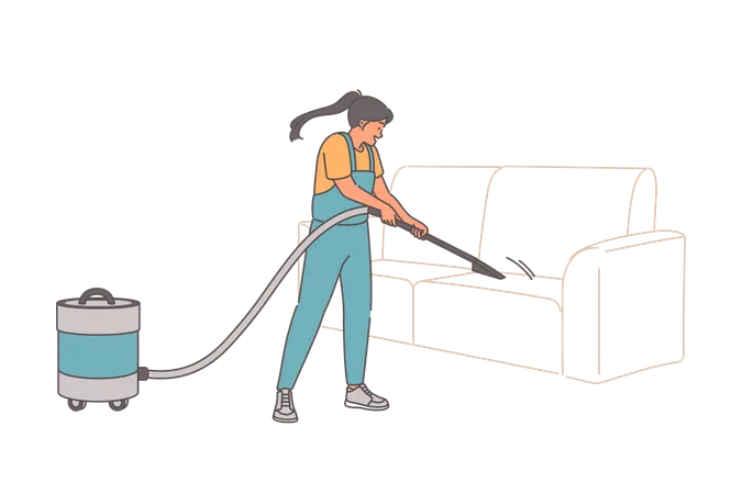 Woman maid uses vacuum cleaner to clean sofa from dust and disinfect upholstered furniture  Illustration