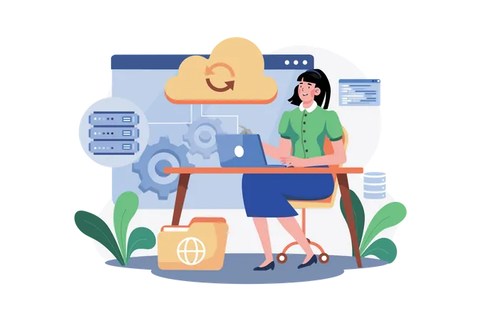 Woman maintaining cloud database Illustration