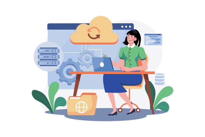 Woman maintaining cloud database  Illustration